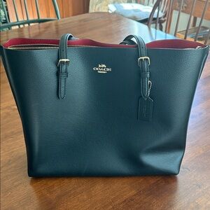 Coach Black Leather Tote with Red Interior